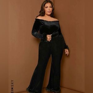 Black Fuzzy Trim Velvet Pants